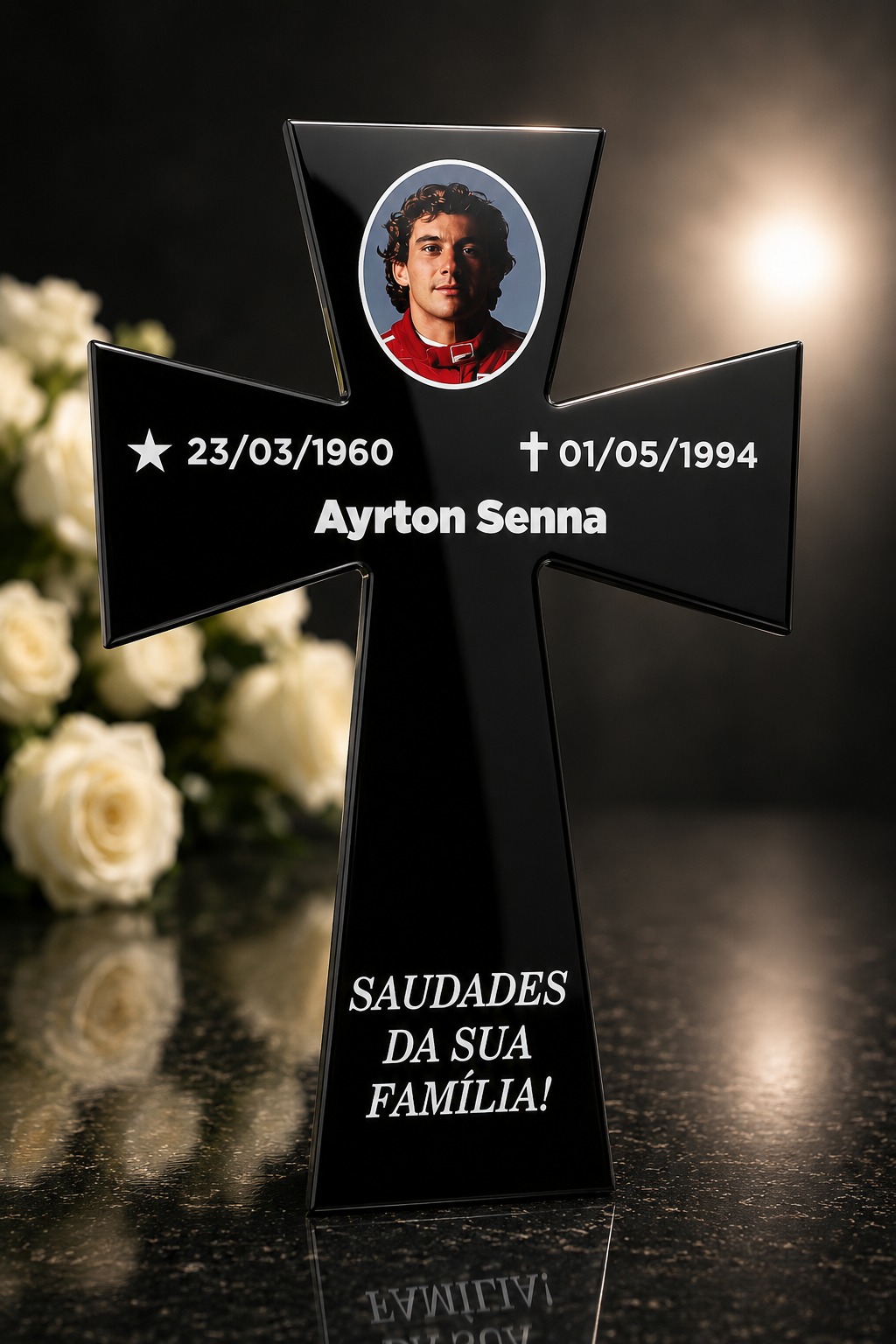 Placa em cruz com fundo preto brilhante